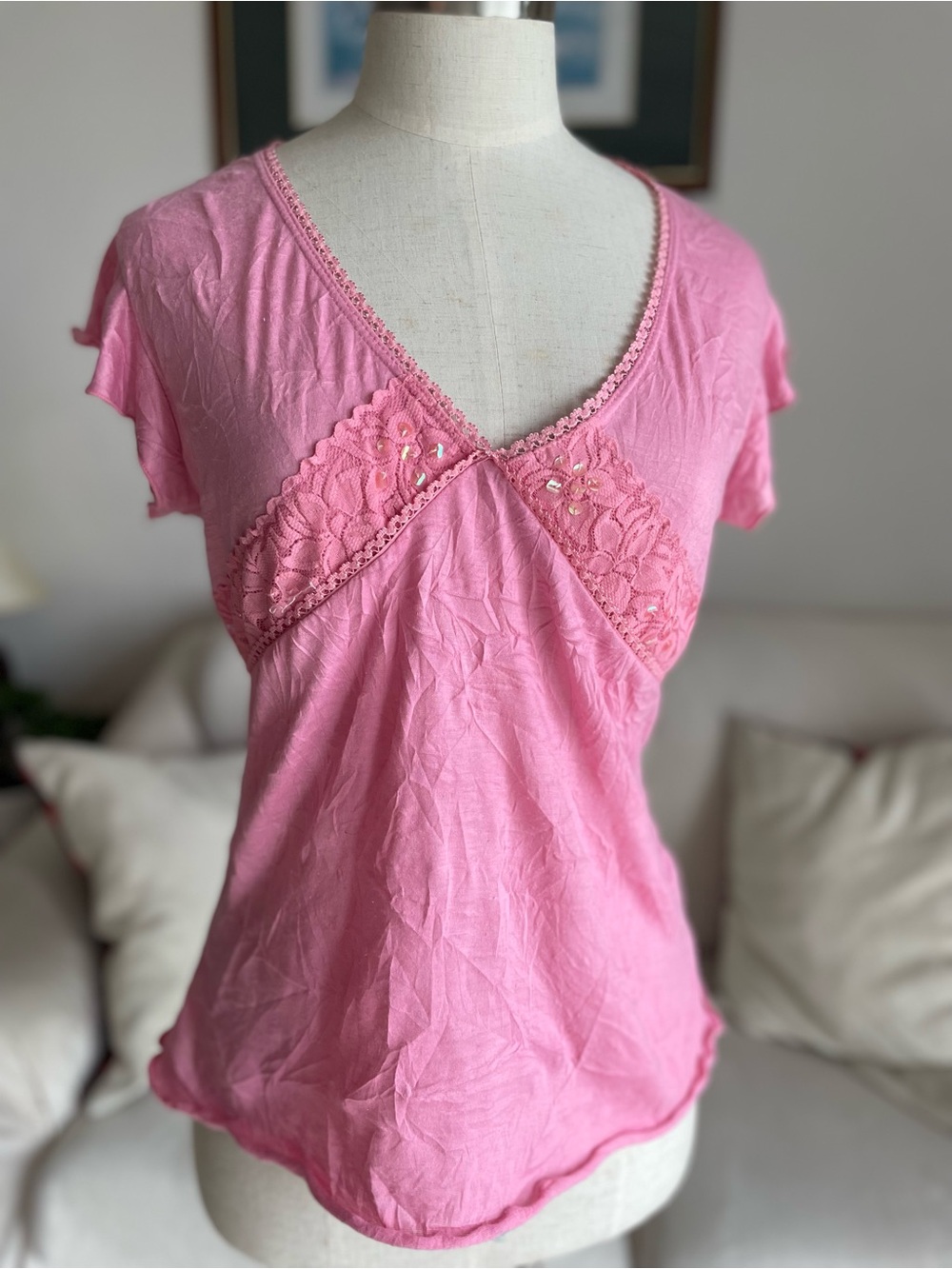Pink Lace-Trim V-Neck Women's Blouse